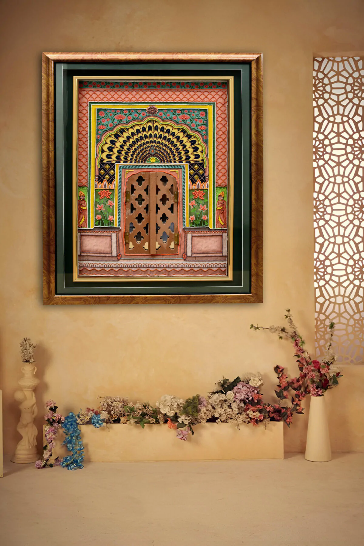 Hand-Embroidered jaipur Darwaza Hand-Embroidered jaipur Darwaza | Sacred Arch Frame with Jaali Doors for Home Altars - Image 2