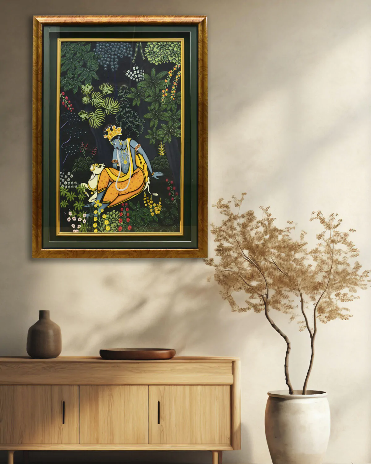 Yantra Art Hand-Embroidered Krishna in the Grove | Sacred Indian Art for Devotional Spaces - Image 2