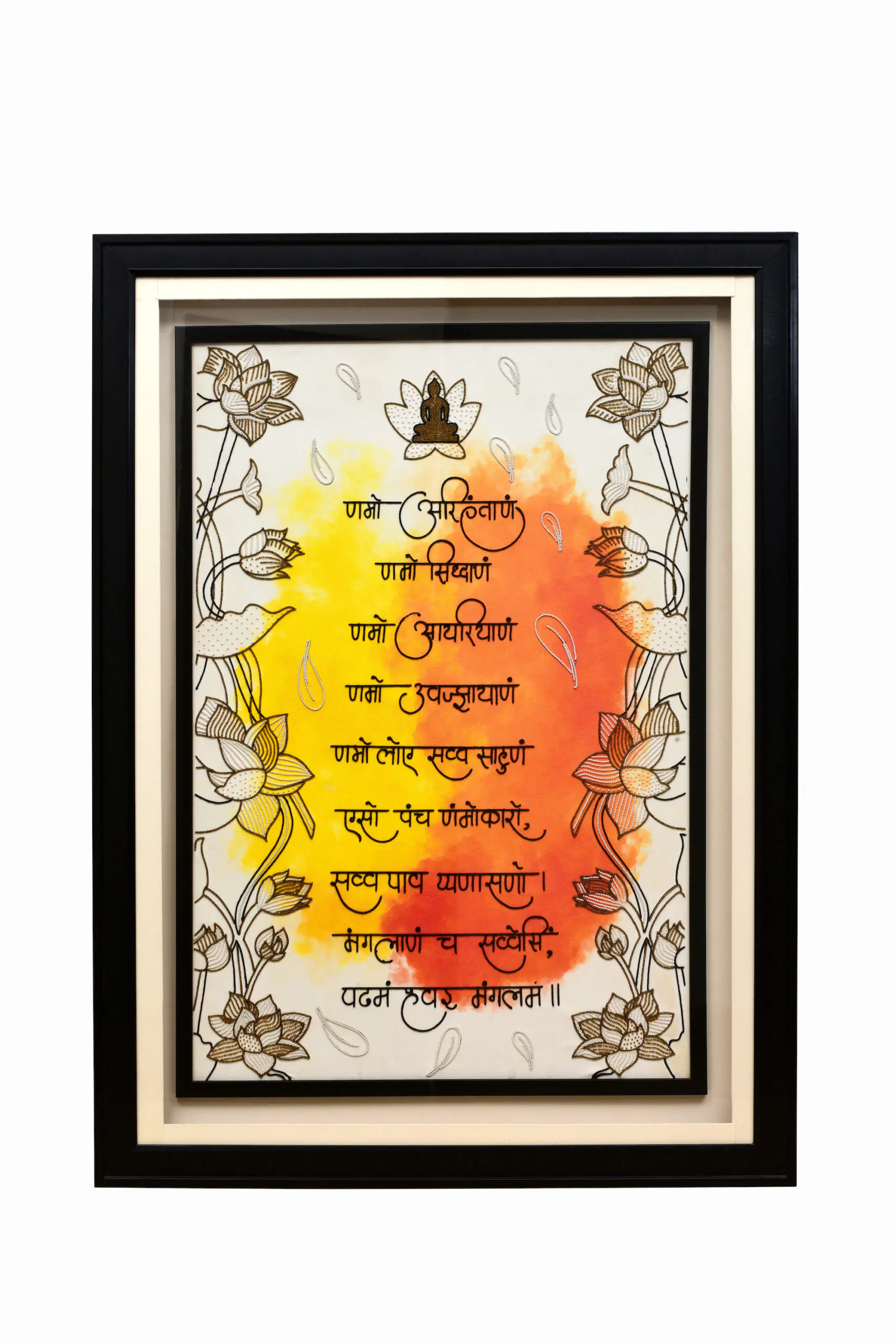 Hand-Embroidered Navkar Mantra | Sacred Jain Wall Art with Lotus Embroidery - Image 1