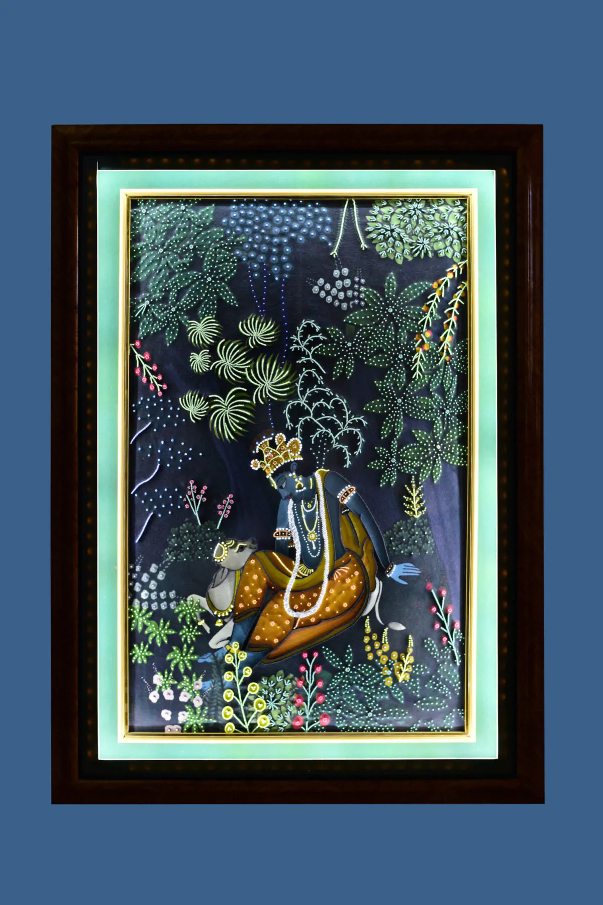 Krishna Art Hand-Embroidered Krishna in the Grove | Sacred Indian Art for Devotional Spaces - Image 7