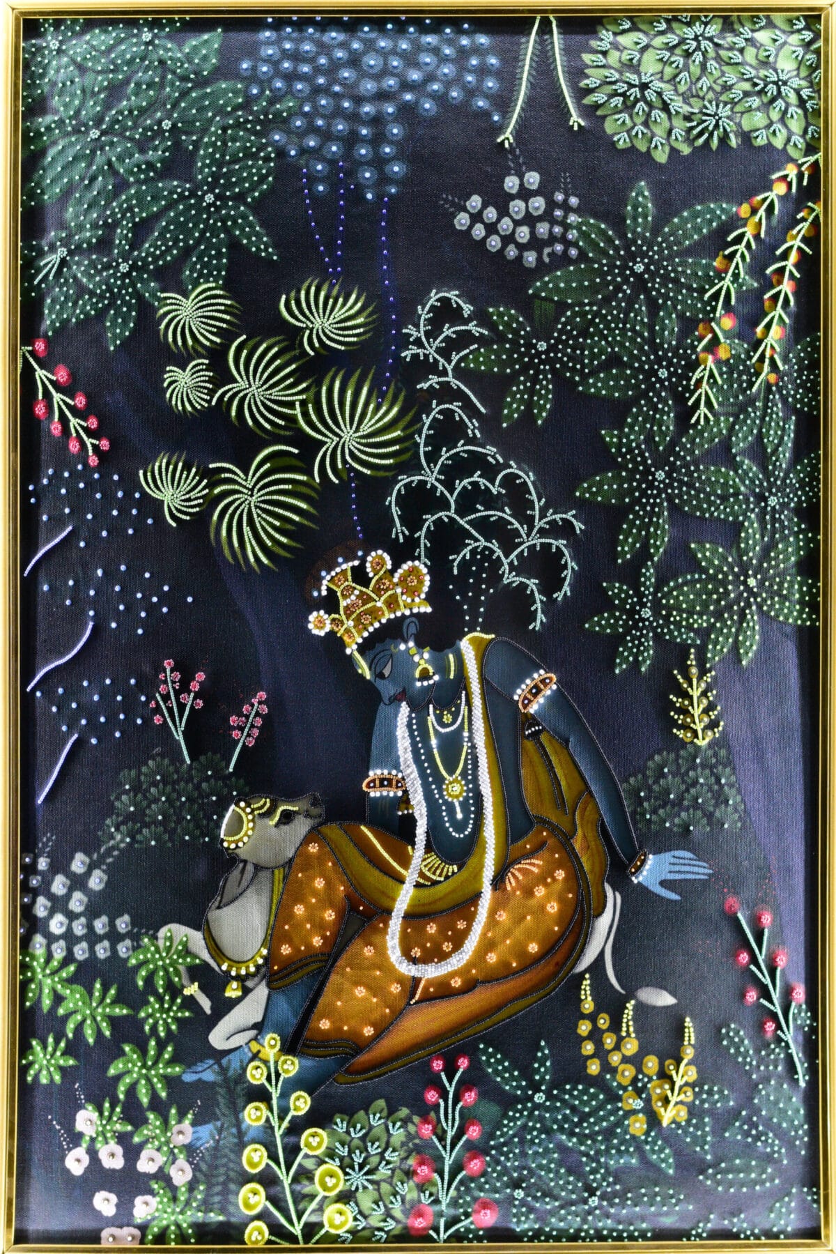 Krishna Art Hand-Embroidered Krishna in the Grove | Sacred Indian Art for Devotional Spaces - Image 4