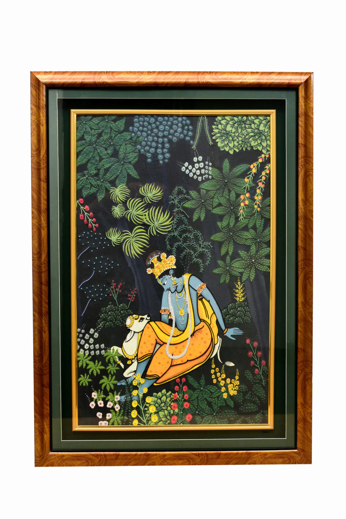 Krishna Art Hand-Embroidered Krishna in the Grove | Sacred Indian Art for Devotional Spaces - Image 1