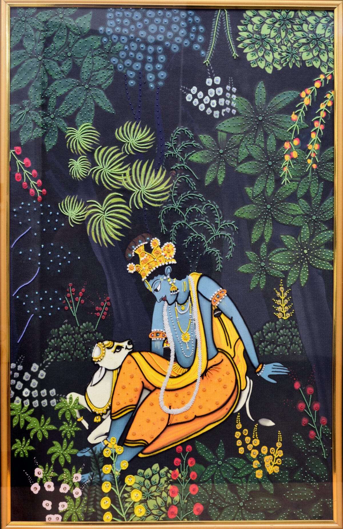 Krishna Art Hand-Embroidered Krishna in the Grove | Sacred Indian Art for Devotional Spaces - Image 6