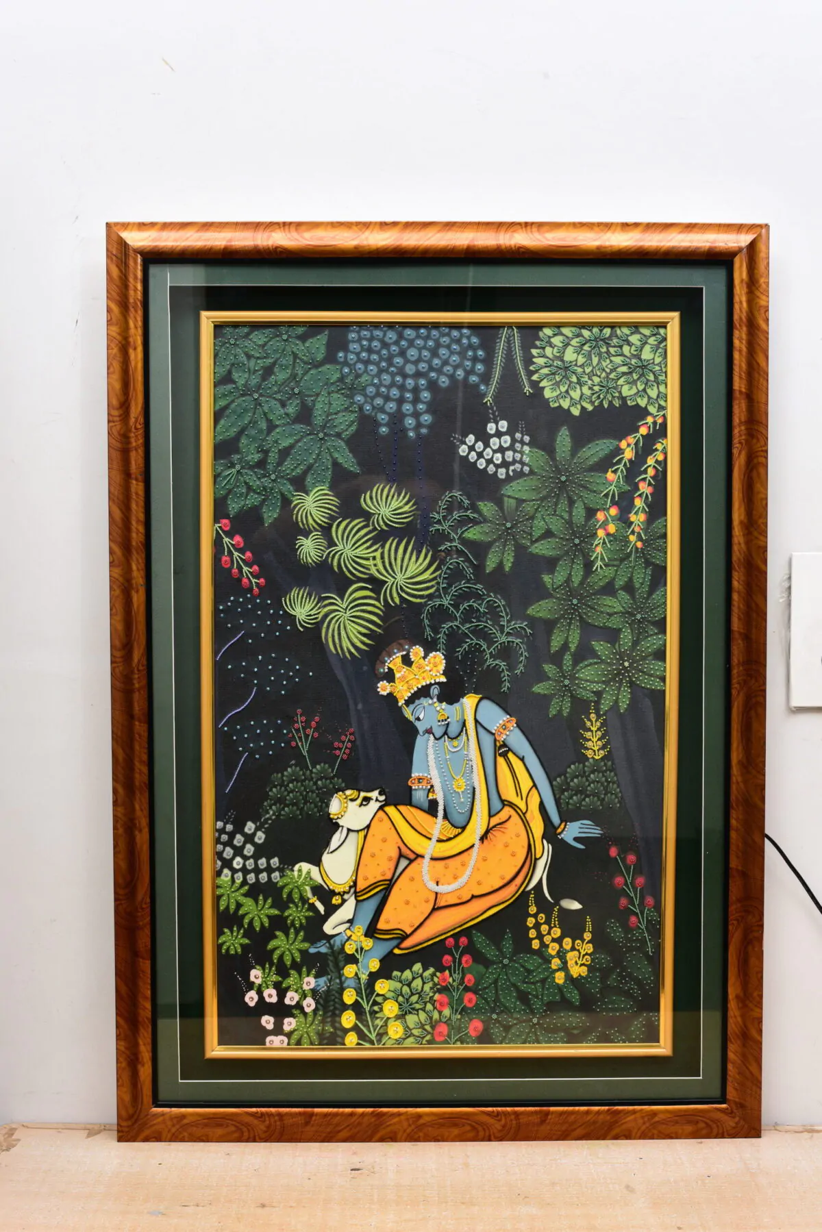 Krishna Art Hand-Embroidered Krishna in the Grove | Sacred Indian Art for Devotional Spaces - Image 3