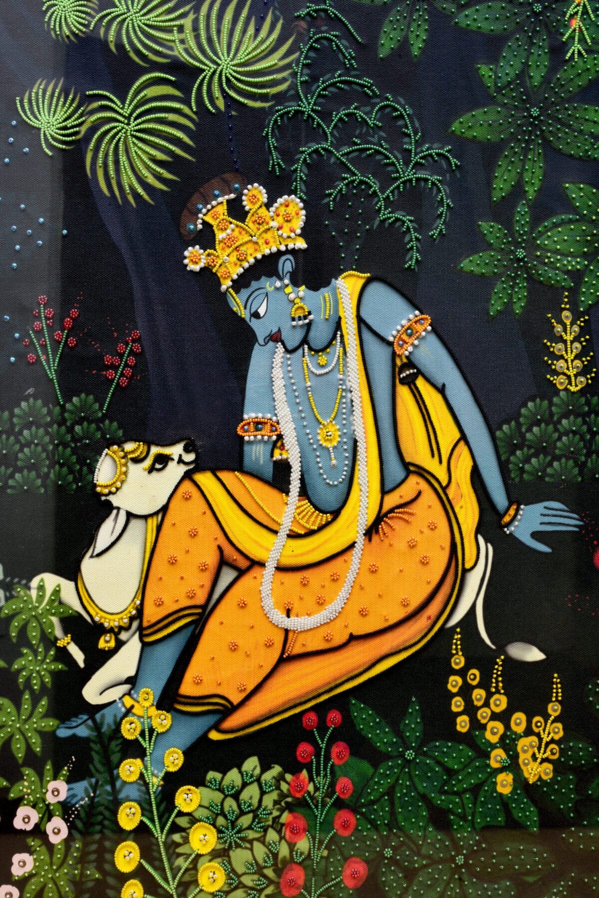 Krishna Art Hand-Embroidered Krishna in the Grove | Sacred Indian Art for Devotional Spaces - Image 5
