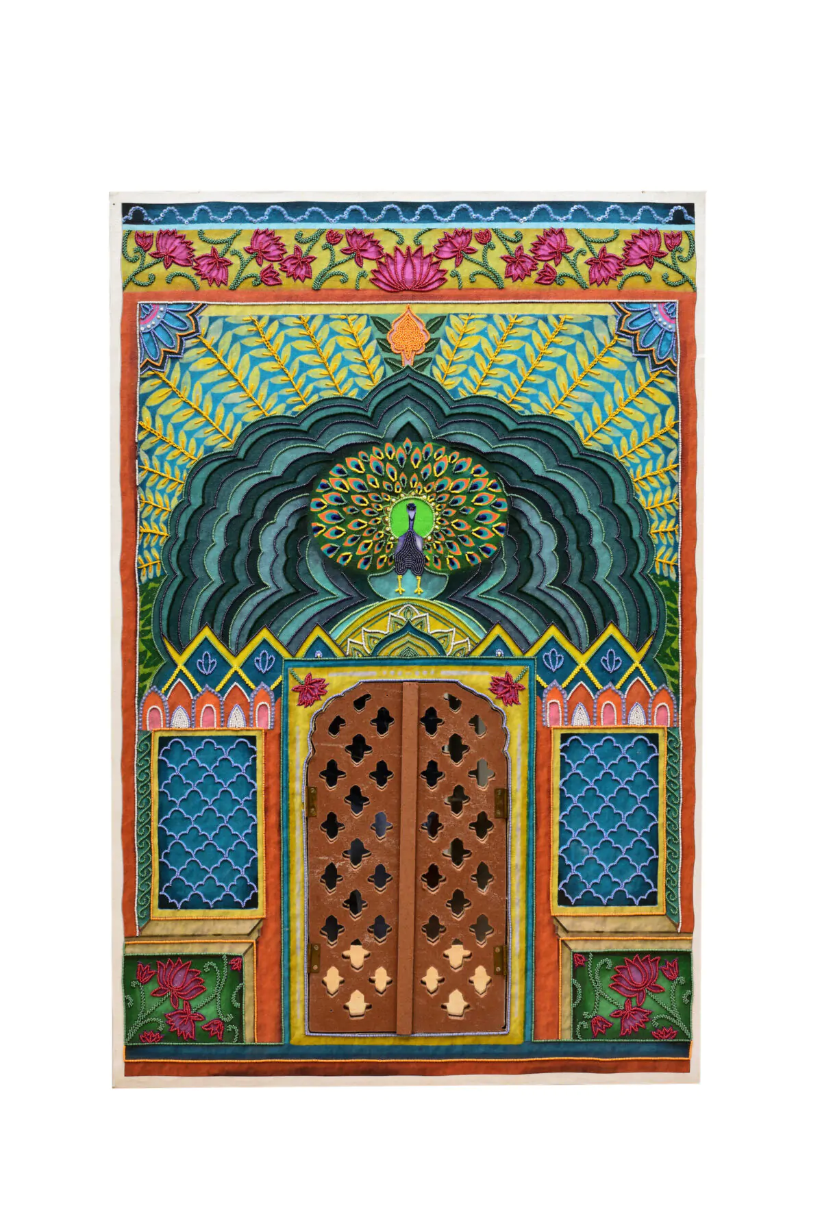 Hand-Embroidered Mayur Mandir artefact | Peacock Arch Shrine with Jaali Doors for Devotional Spaces - Image 1