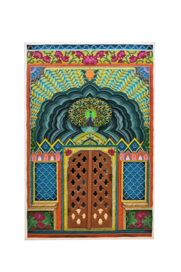 Hand-Embroidered Mayur Mandir artefact | Peacock Arch Shrine with Jaali Doors for Devotional Spaces