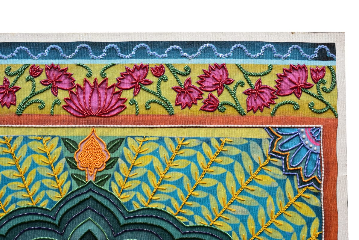 Hand-Embroidered Mayur Mandir artefact | Peacock Arch Shrine with Jaali Doors for Devotional Spaces - Image 6