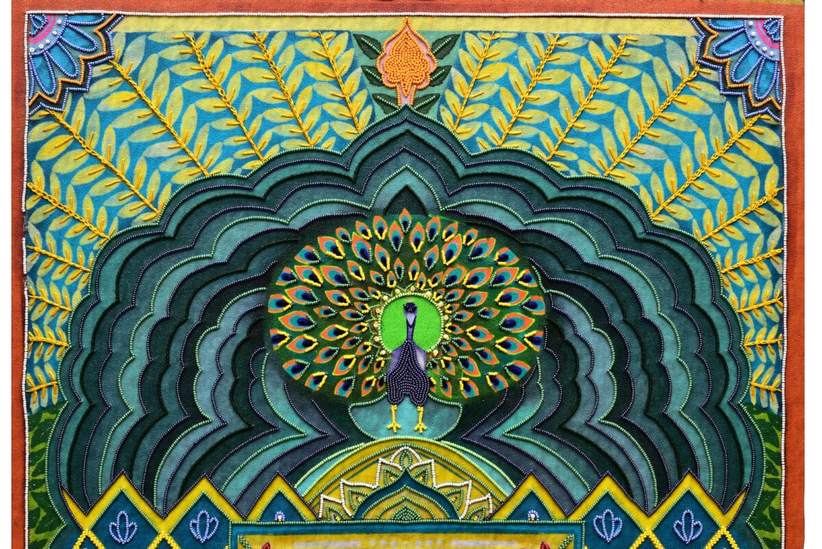 Hand-Embroidered Mayur Mandir artefact | Peacock Arch Shrine with Jaali Doors for Devotional Spaces - Image 5