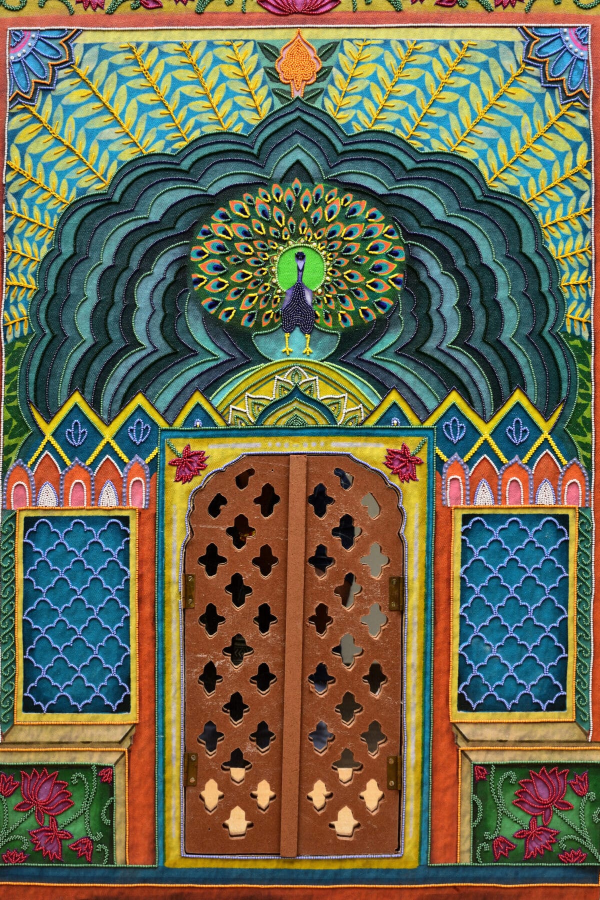 Hand-Embroidered Mayur Mandir artefact | Peacock Arch Shrine with Jaali Doors for Devotional Spaces - Image 4