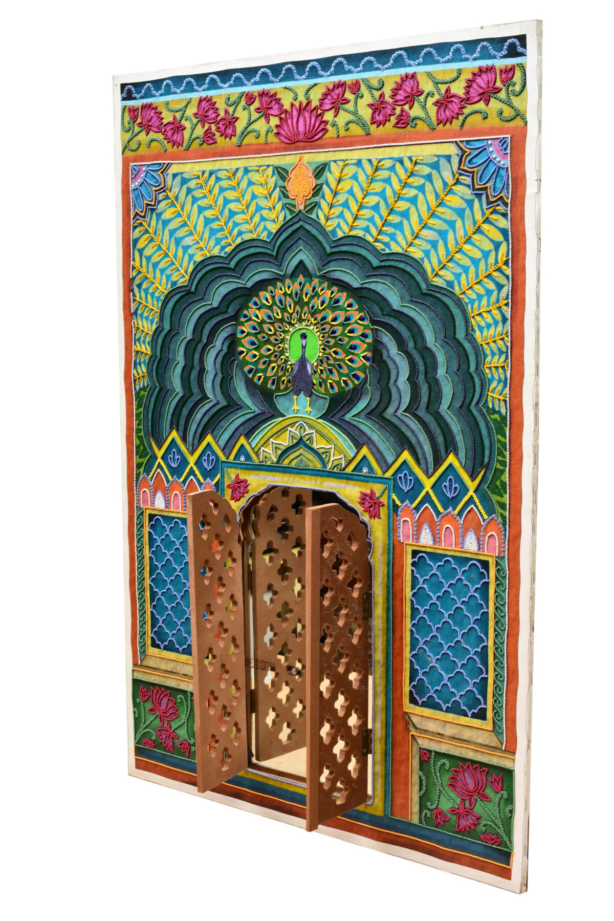 Hand-Embroidered Mayur Mandir artefact | Peacock Arch Shrine with Jaali Doors for Devotional Spaces - Image 3