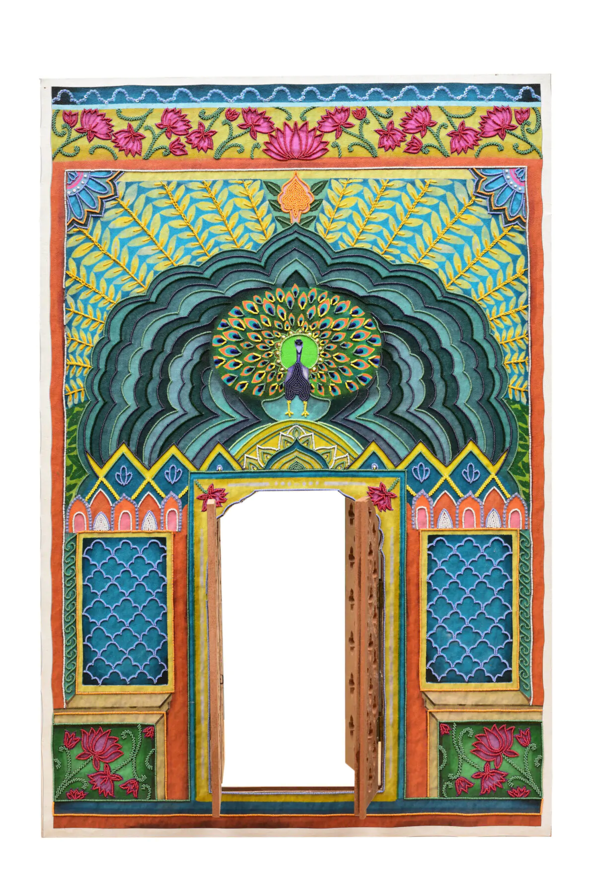 Hand-Embroidered Mayur Mandir artefact | Peacock Arch Shrine with Jaali Doors for Devotional Spaces - Image 8