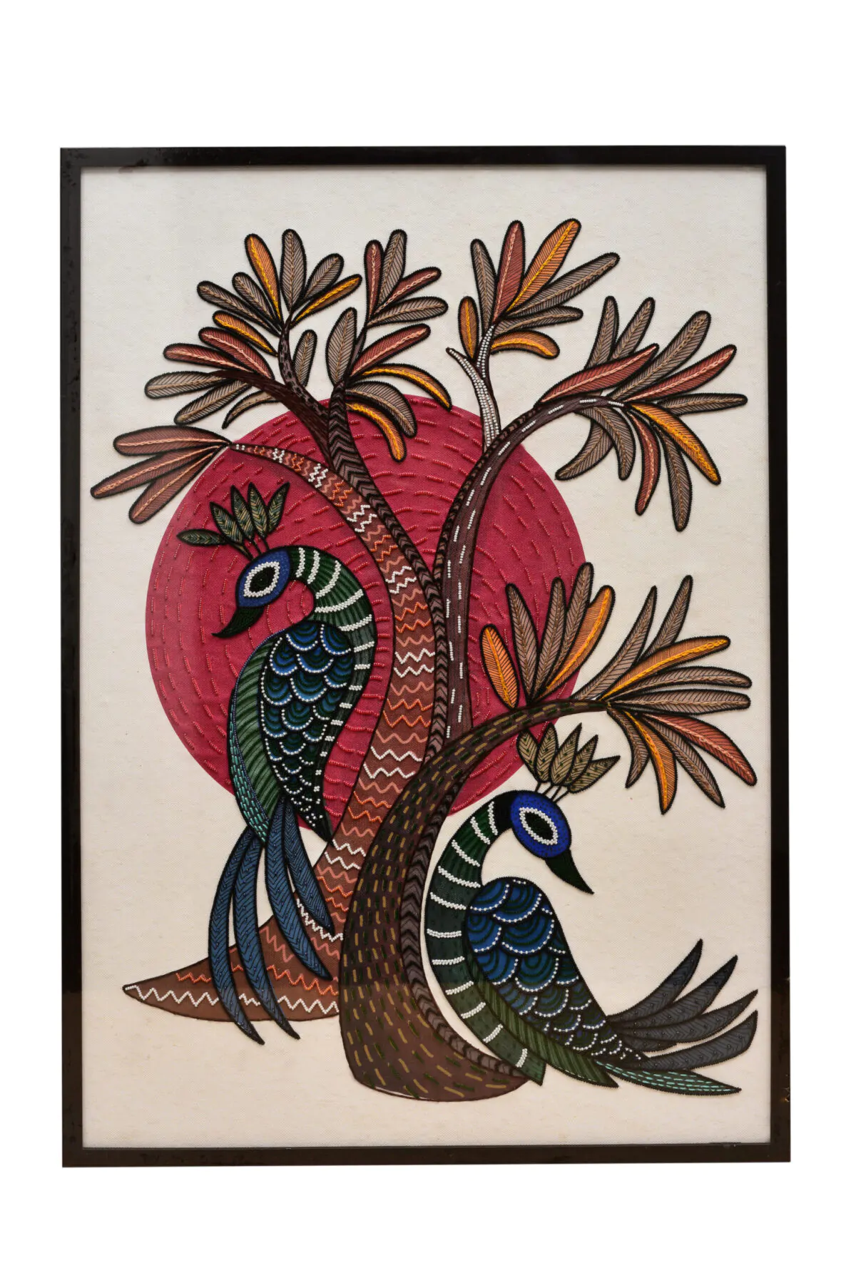 Hand-Embroidered Twin Peacocks Hand-Embroidered Twin Peacocks at Dawn | Tribal-Inspired Sacred Art for Soulful Interiors - Image 1