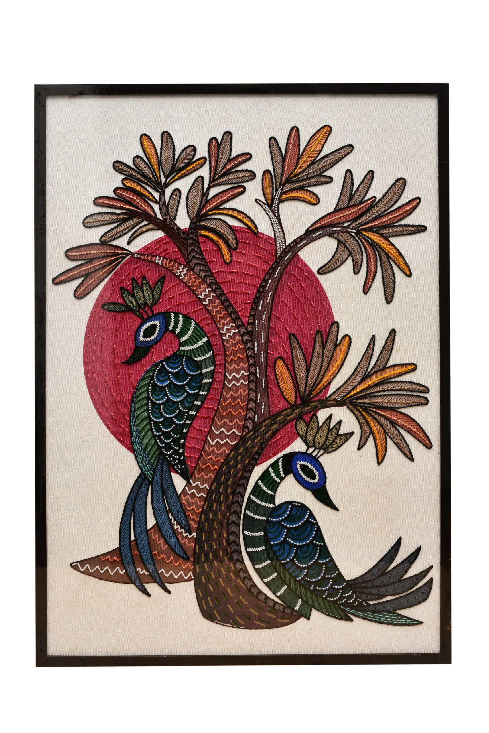 Hand-Embroidered Twin Peacocks at Dawn | Tribal-Inspired Sacred Art for Soulful Interiors - Image 1